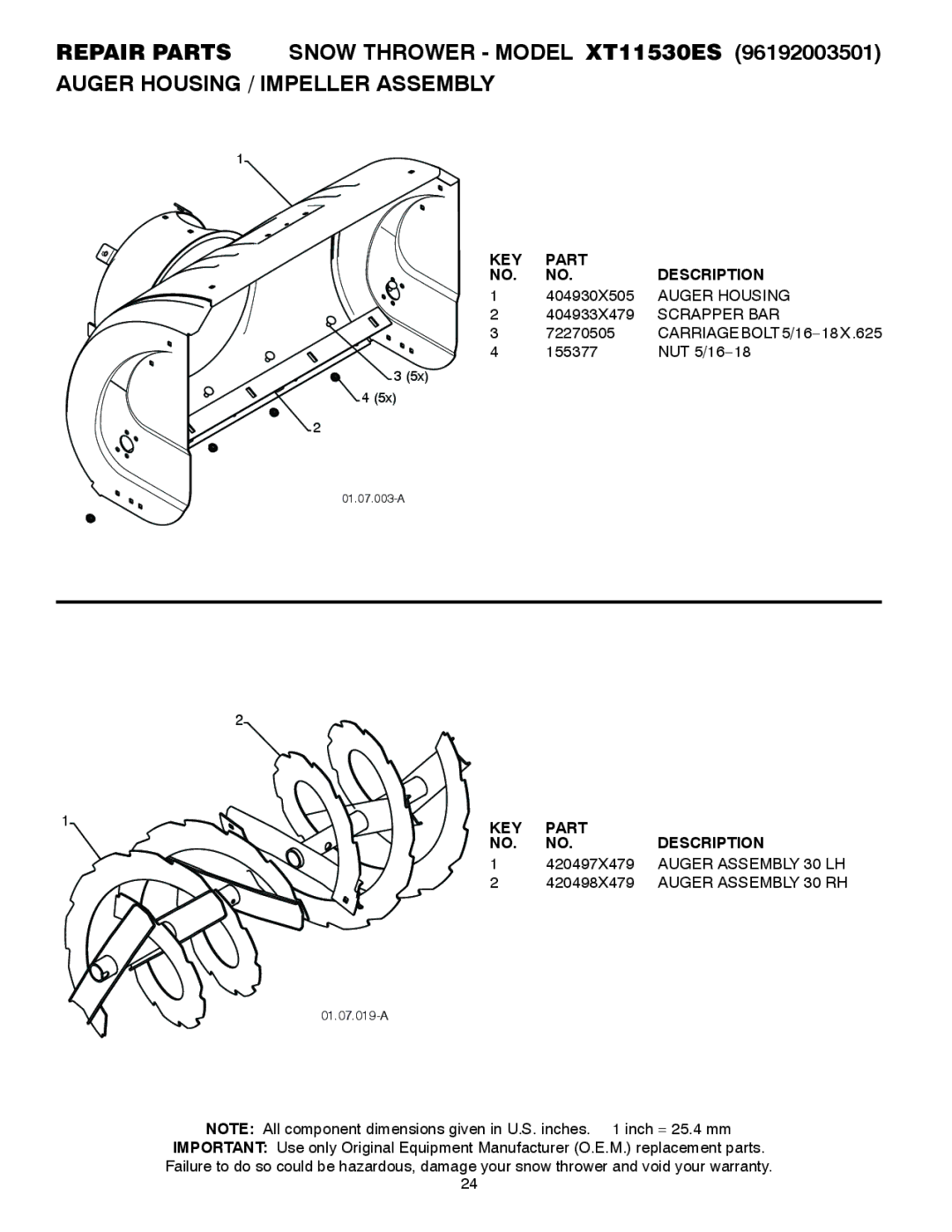 Poulan 429884 Auger Housing, Scrapper BAR, CARRIAGEBOLT5/16−18X.625, Auger Assembly 30 LH, Auger Assembly 30 RH 