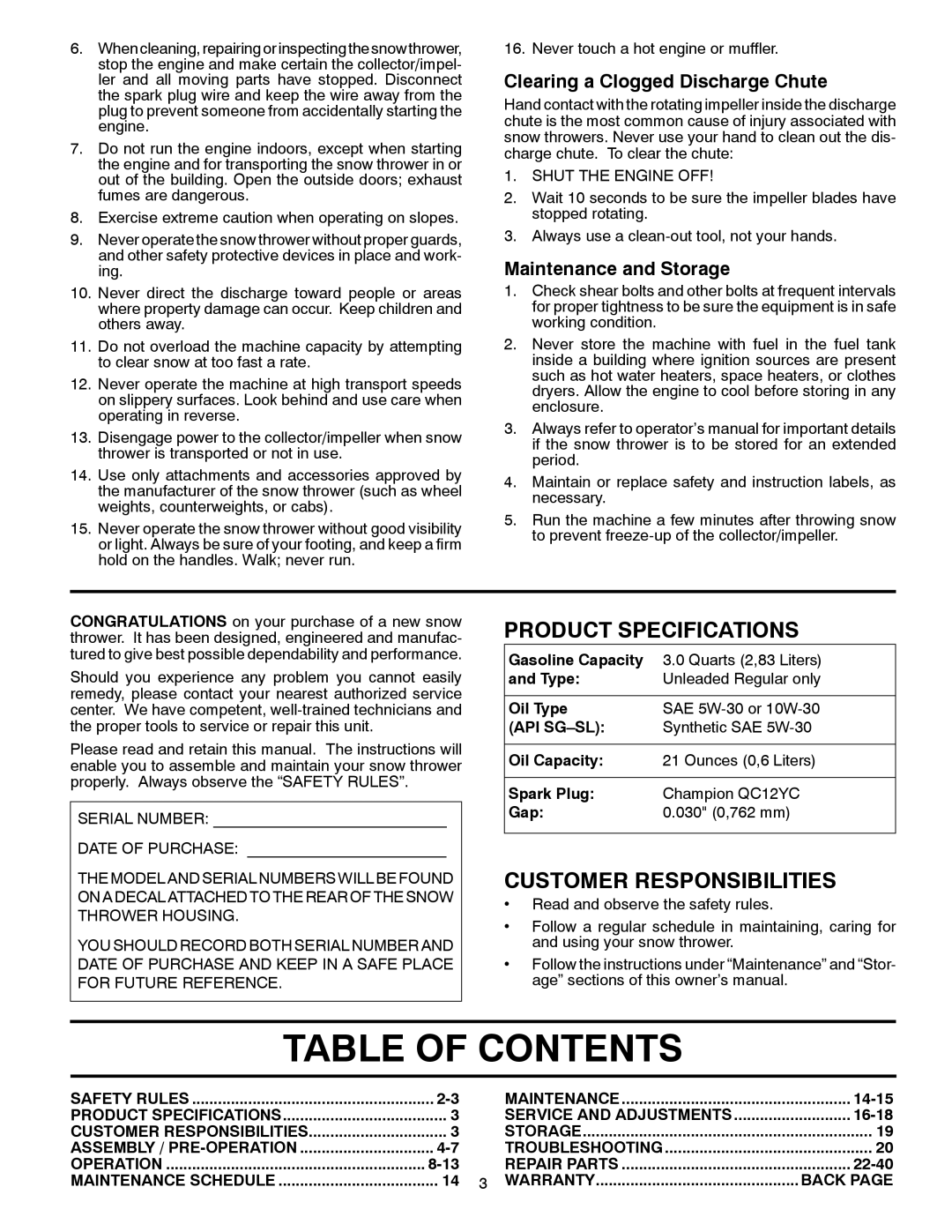 Poulan 96192003501, 429884 owner manual Table of Contents 