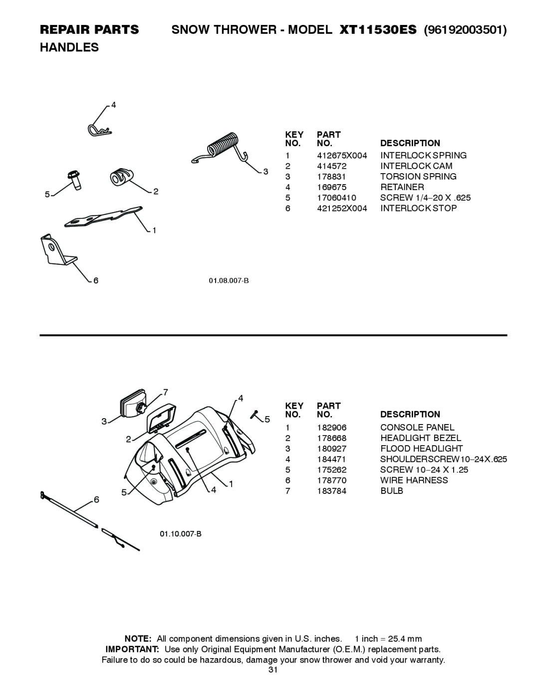 Poulan 96192003501 Interlock Spring, Interlock CAM, Torsion Spring, Interlock Stop, Console Panel, Headlight Bezel, Bulb 