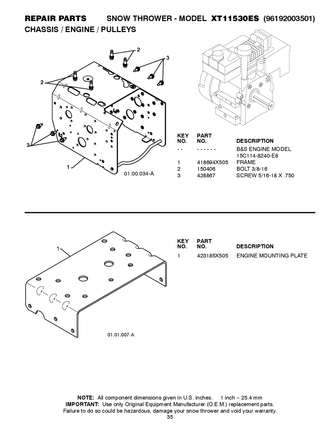 Poulan 96192003501, 429884 owner manual Engine Model, Frame, 423185X505, Engine Mounting Plate 