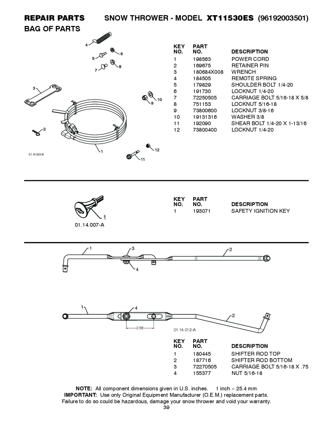 Poulan 96192003501, 429884 owner manual Repair Parts Snow Thrower Model XT11530ES BAG of Parts, 193071, Safety Ignition KEY 