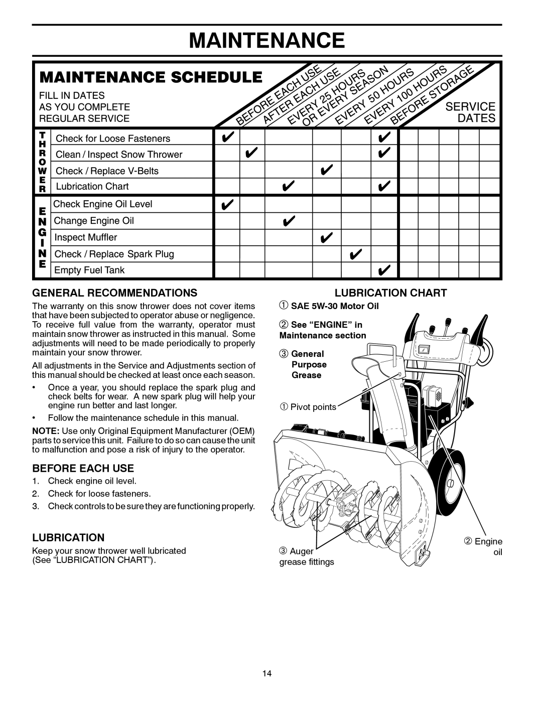Poulan 429890 owner manual Maintenance, General Recommendations, Before Each Use, Lubrication Chart 