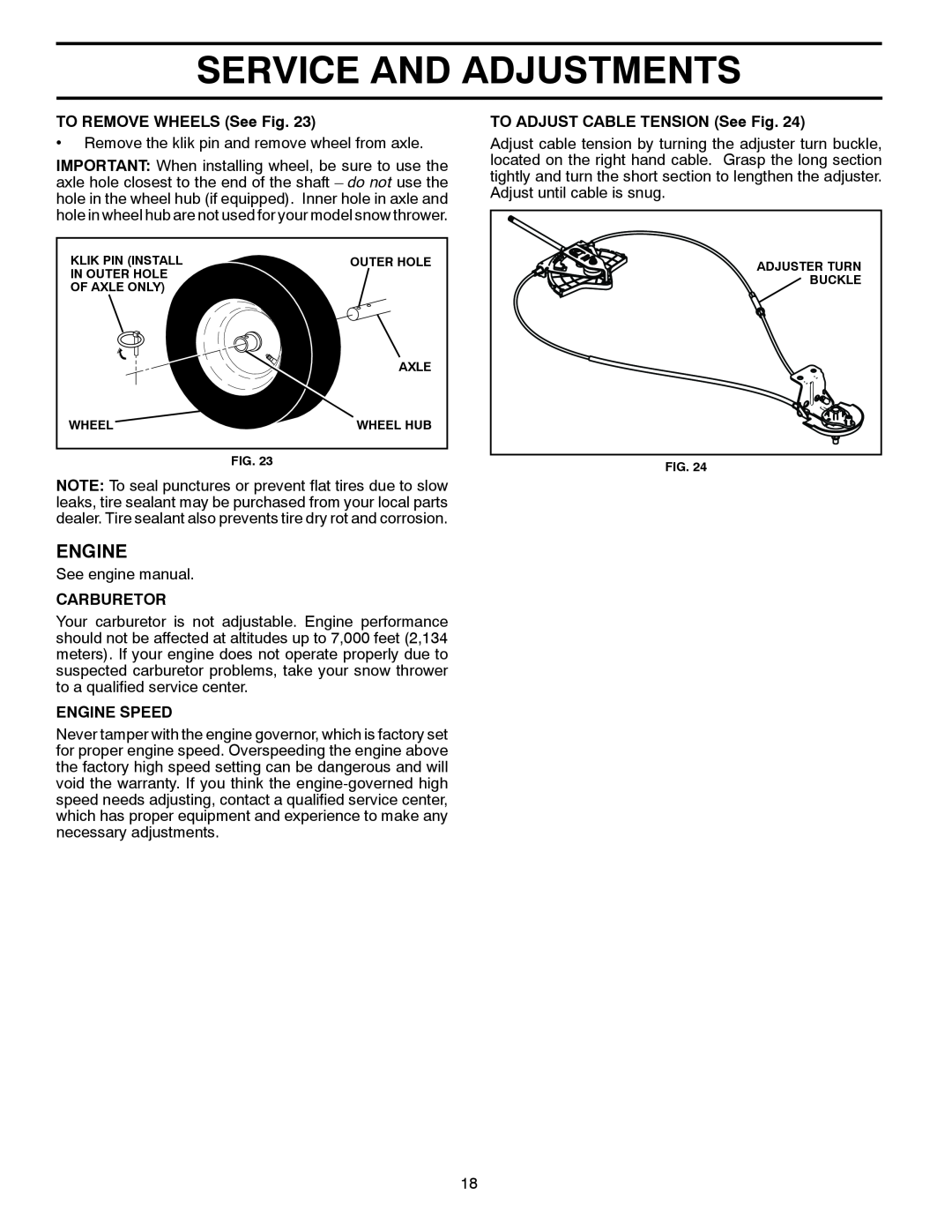Poulan 429890 owner manual Service And Adjustments, TO REMOVE WHEELS See Fig, Carburetor, Engine Speed 