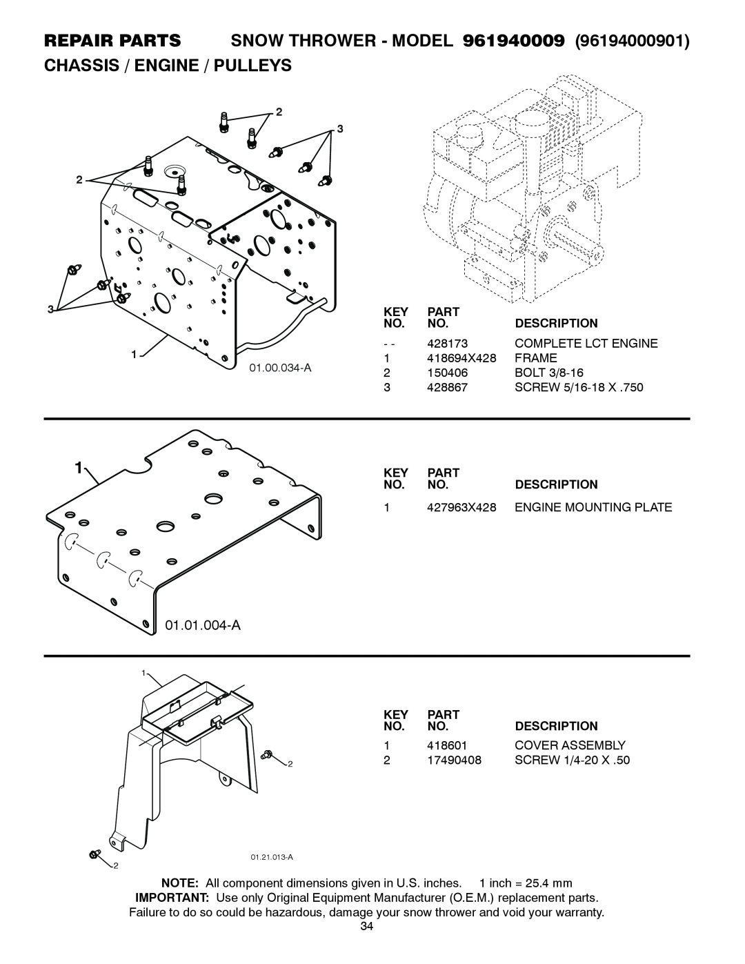 Poulan 429890 owner manual 01.01.004-A, Part, Description, 427963X428, Engine Mounting Plate 