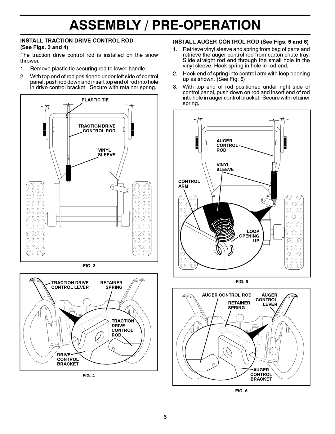 Poulan 429890 owner manual Assembly / Pre-Operation, INSTALL AUGER CONTROL ROD See Figs. 5 and 
