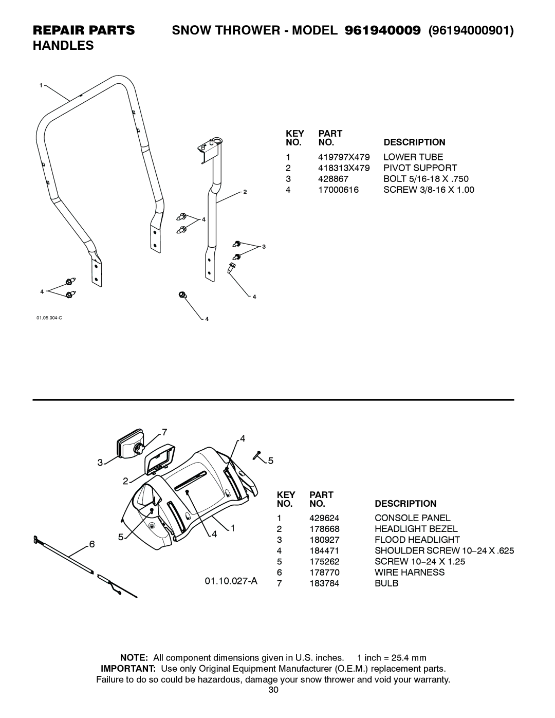 Poulan 429890 Lower Tube, Pivot Support, Console Panel, Headlight Bezel, Flood Headlight, Shoulder Screw 10−24 X, Bulb 