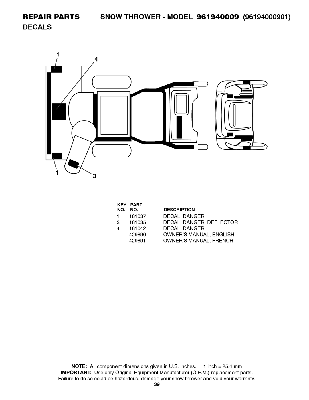 Poulan 429890 owner manual 181037, DECAL, Danger, DECAL, DANGER, Deflector 