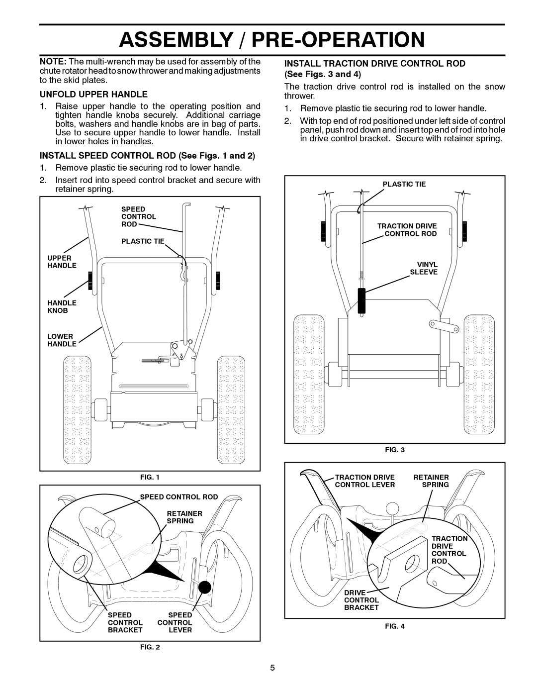 Poulan 96192003201 Assembly / Pre-Operation, Unfold Upper Handle, INSTALL SPEED CONTROL ROD See Figs. 1 and, Plastic Tie 