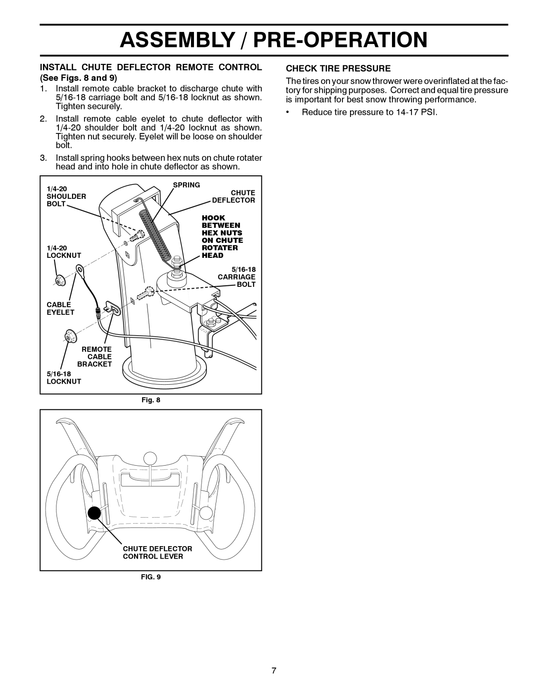 Poulan 96192003201 Assembly / Pre-Operation, INSTALL CHUTE DEFLECTOR REMOTE CONTROL See Figs. 8 and, Check Tire Pressure 