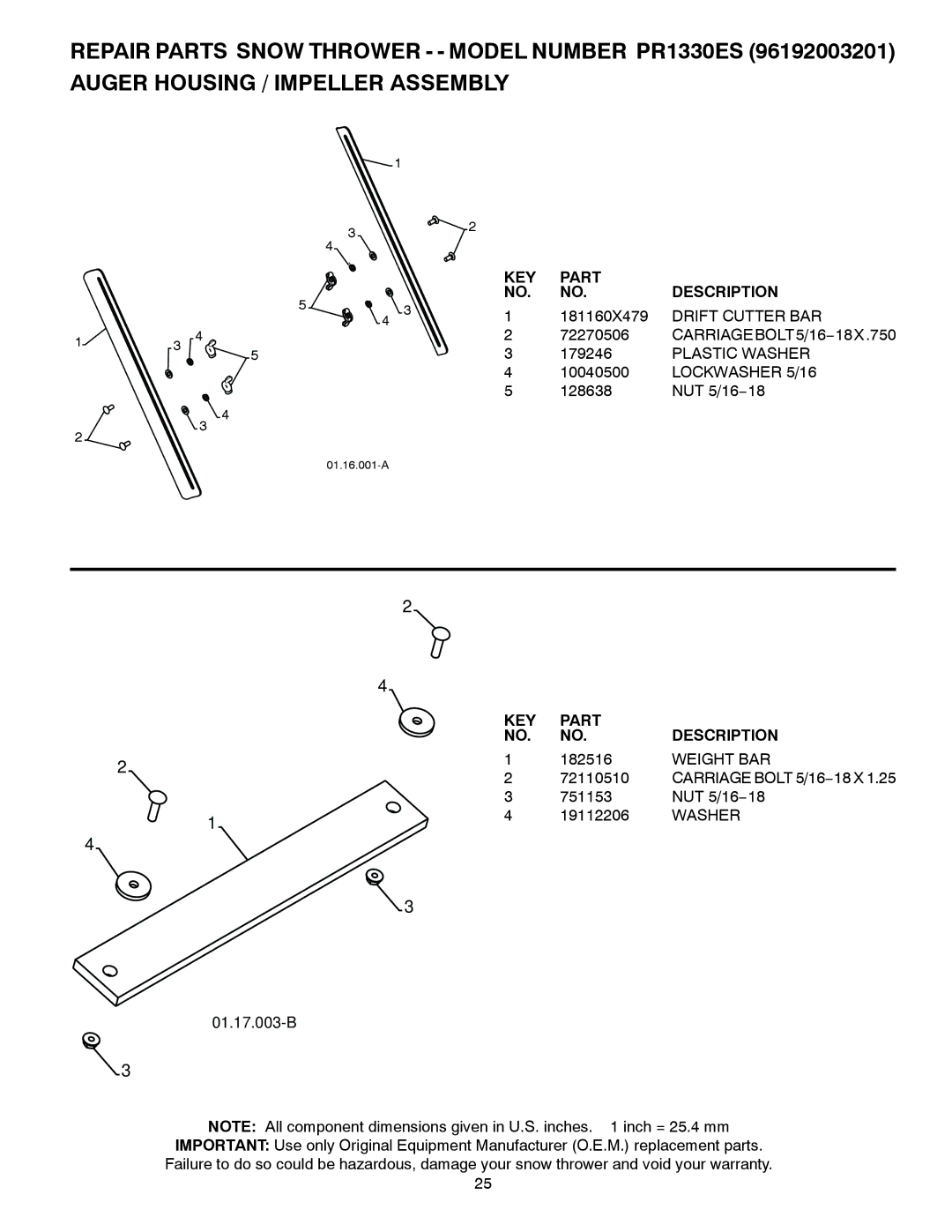 Poulan 96192003201, 429896 Drift Cutter BAR, CARRIAGEBOLT5/16−18X.750, Plastic Washer, Lockwasher 5/16, Weight BAR 