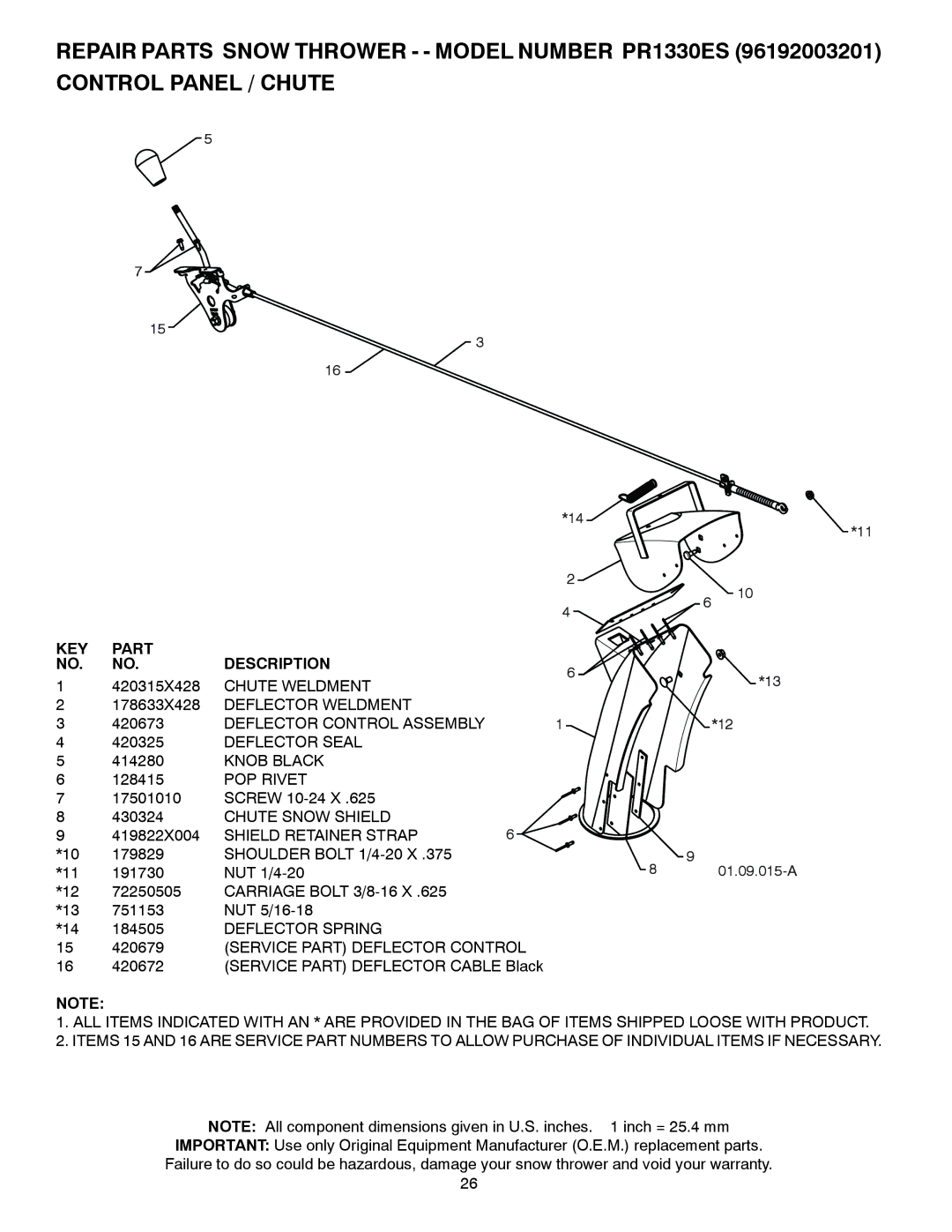 Poulan 429896, 96192003201 owner manual Knob Black, POP Rivet, Chute Snow Shield, Shield Retainer Strap 