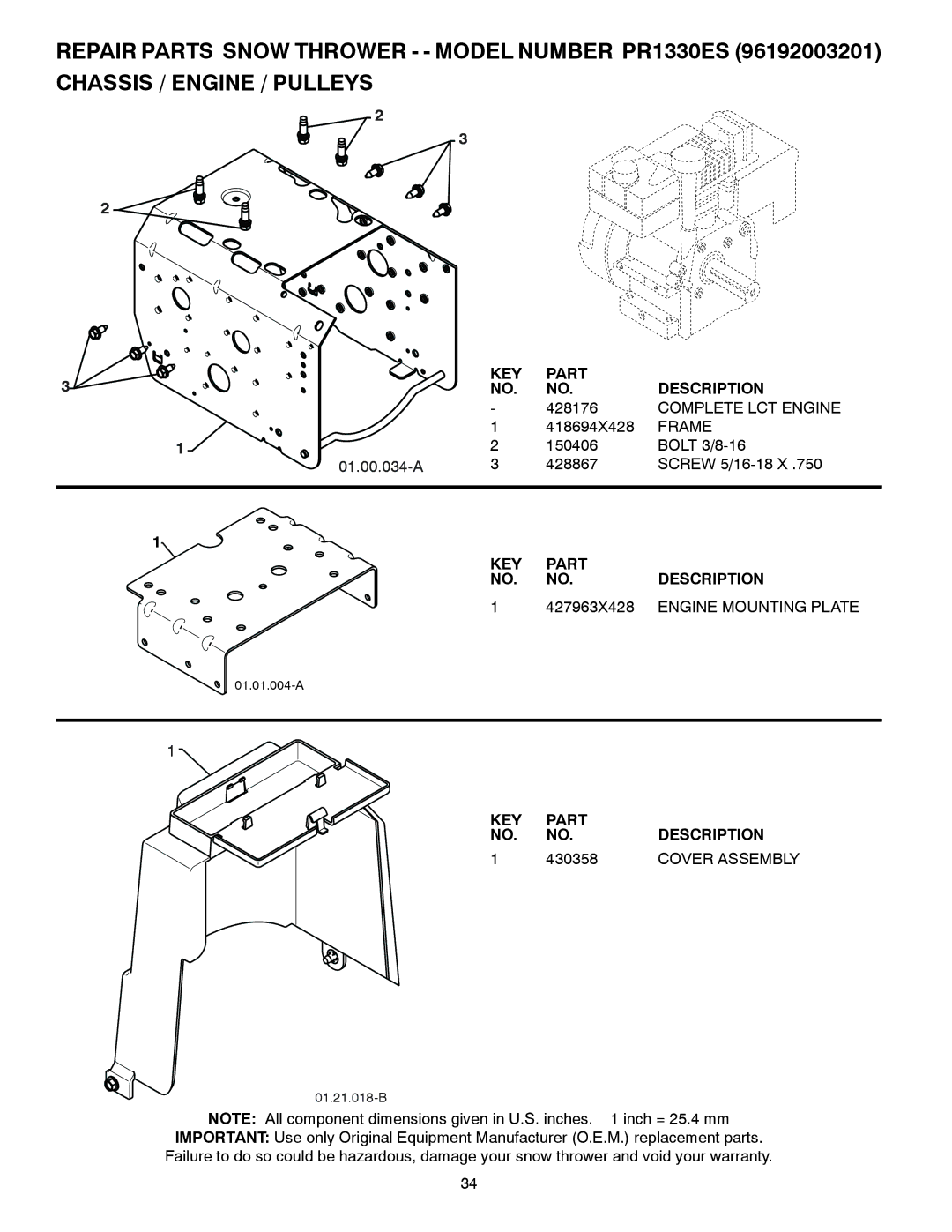 Poulan 429896, 96192003201 owner manual Complete LCT Engine, Frame, 427963X428, Engine Mounting Plate, 430358 