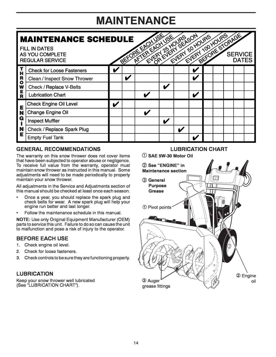 Poulan 429924, 96192003101 owner manual Maintenance, General Recommendations, Before Each Use, Lubrication Chart 