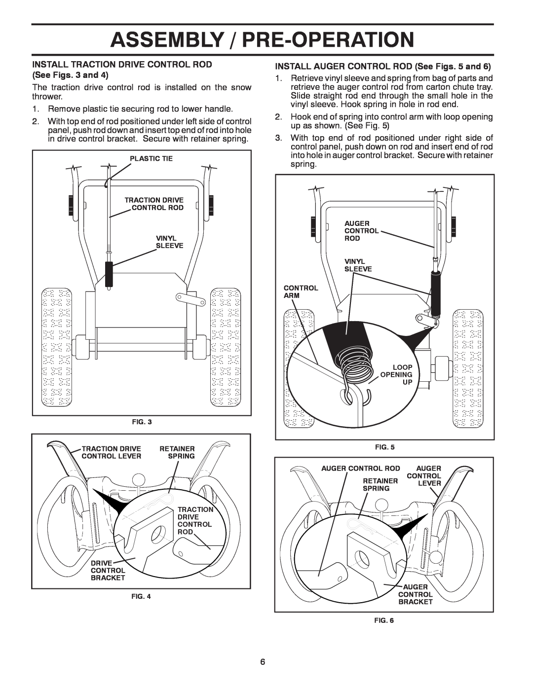 Poulan 429924, 96192003101 owner manual Assembly / Pre-Operation, INSTALL AUGER CONTROL ROD See Figs. 5 and 