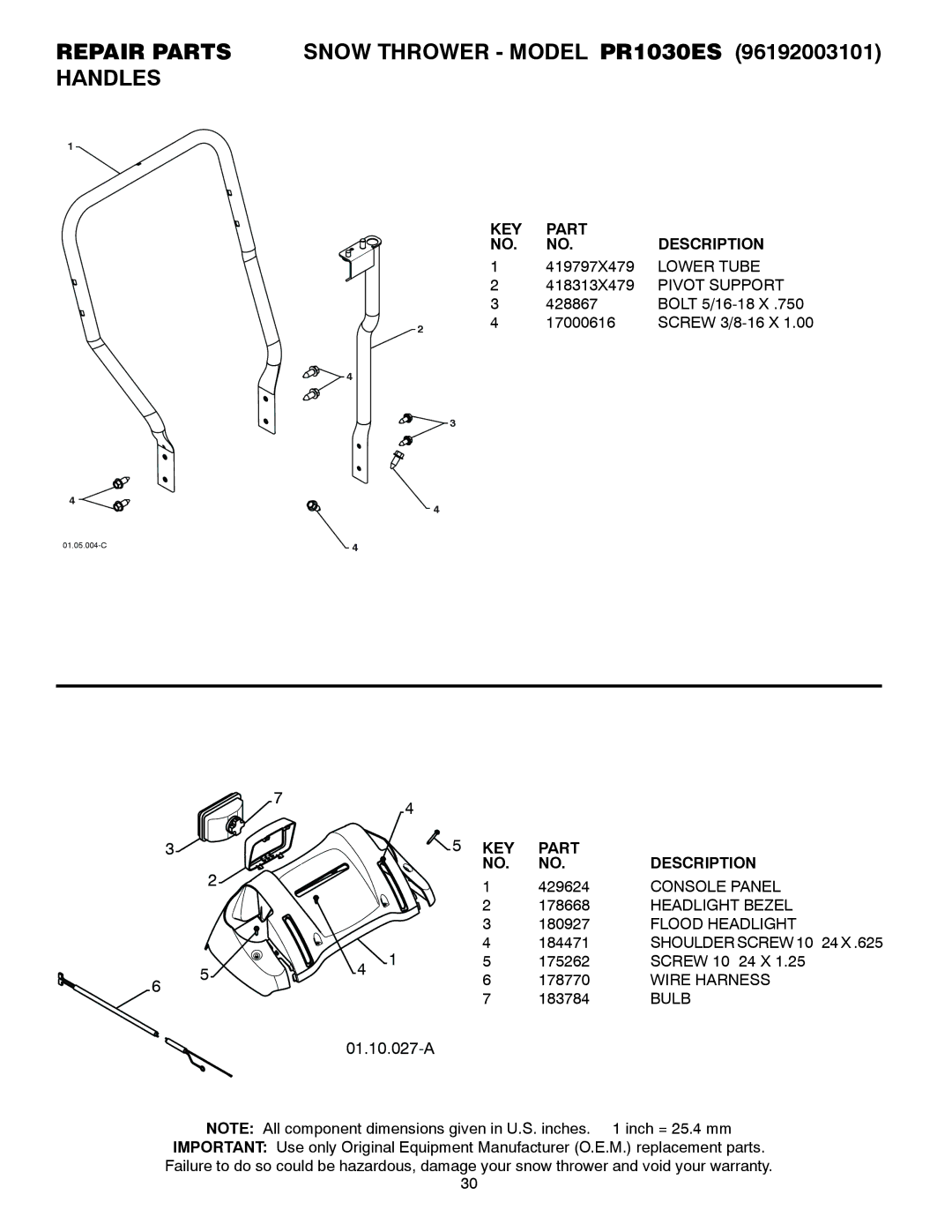 Poulan 429924, 96192003101 Lower Tube, Pivot Support, Console Panel, Headlight Bezel, Flood Headlight, Wire Harness, Bulb 