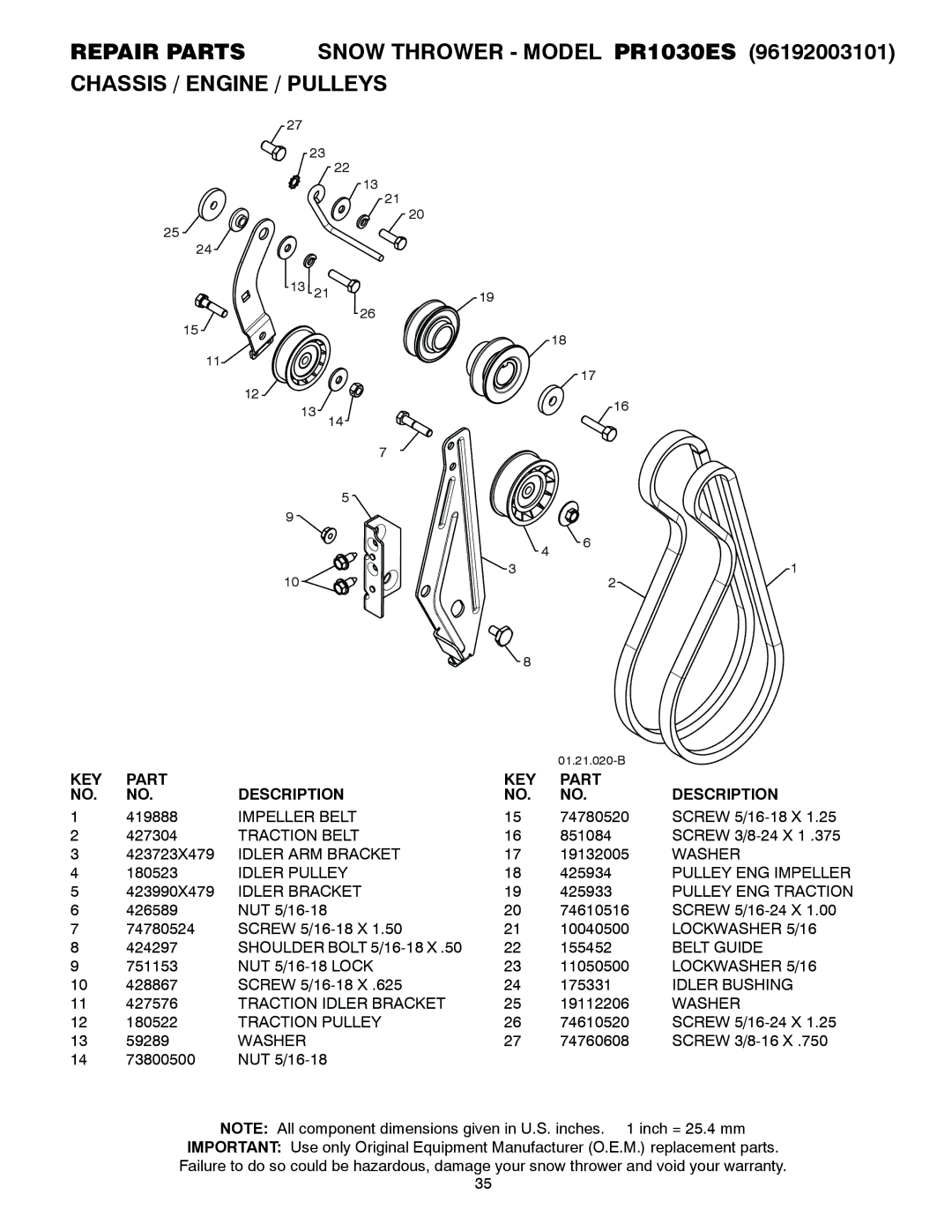 Poulan 96192003101 Impeller Belt, Traction Belt, Idler ARM Bracket, Idler Pulley, Pulley ENG Impeller, Idler Bracket 