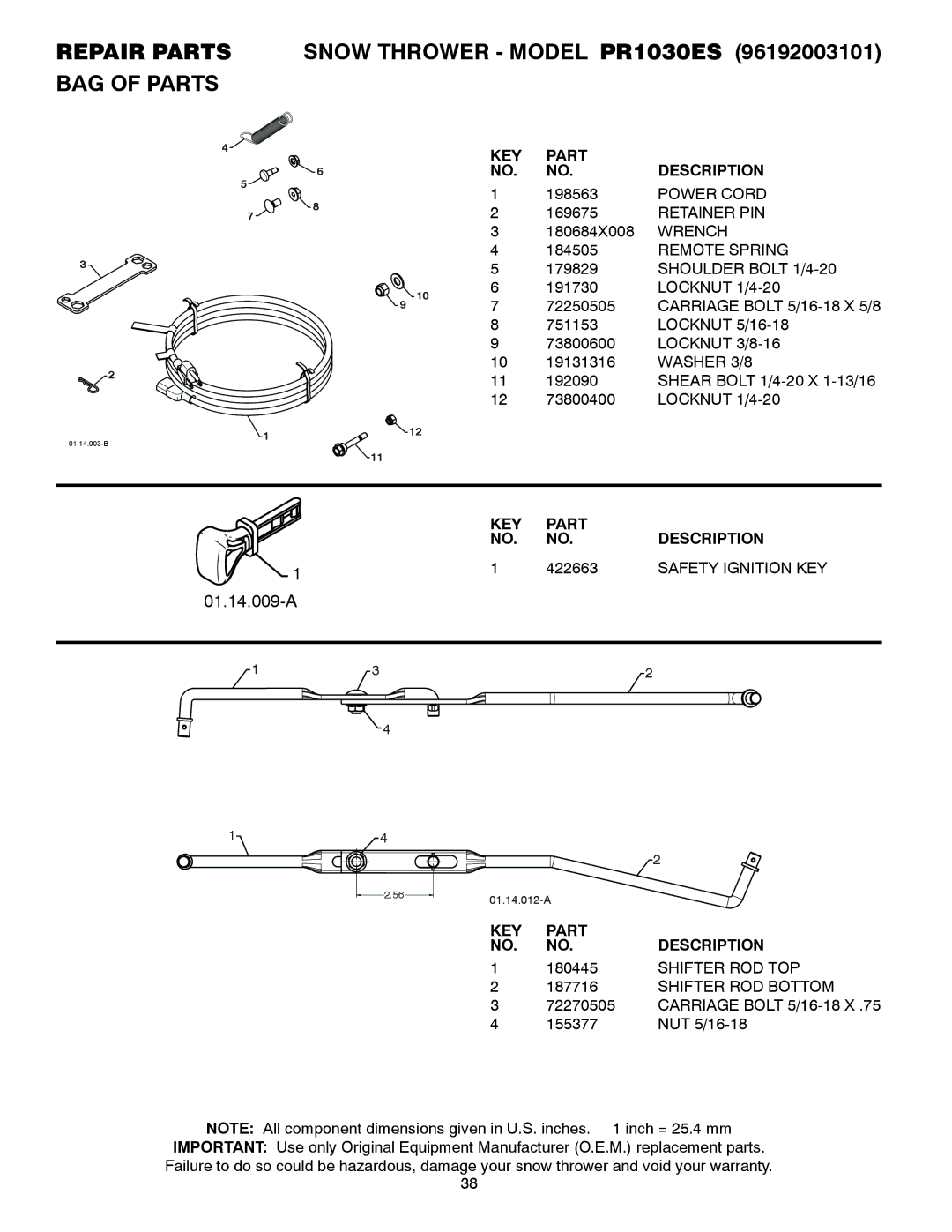 Poulan 429924, 96192003101 owner manual Repair Parts Snow Thrower Model PR1030ES BAG of Parts, 422663, Safety Ignition KEY 