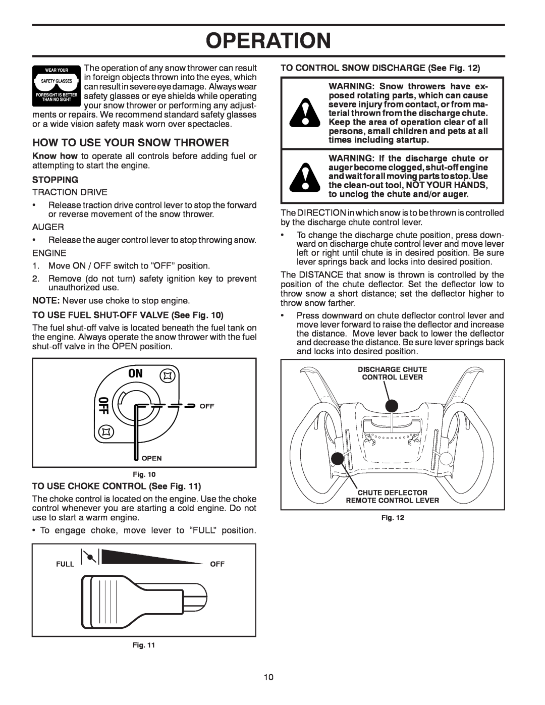Poulan 96198002701, 429956 How To Use Your Snow Thrower, Operation, Stopping, TO USE FUEL SHUT-OFF VALVE See Fig 