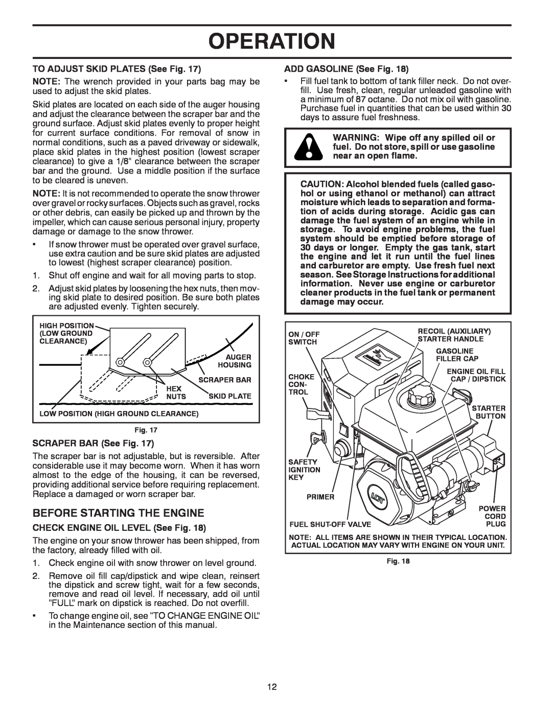 Poulan 429956, 96198002701 Before Starting The Engine, Operation, TO ADJUST SKID PLATES See Fig, SCRAPER BAR See Fig 