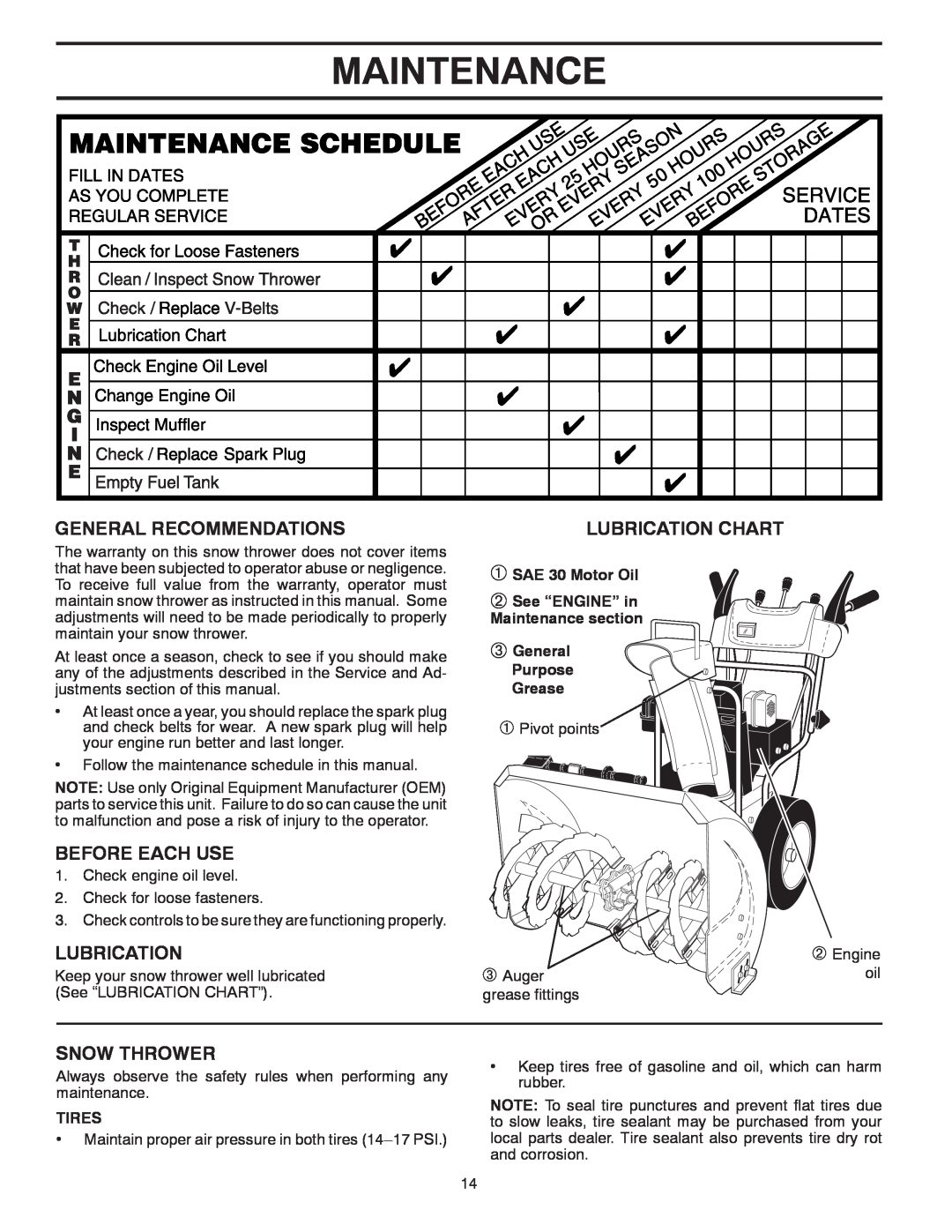 Poulan PP208EPS24 Maintenance, General Recommendations, Before Each Use, Snow Thrower, Lubrication Chart, Tires 