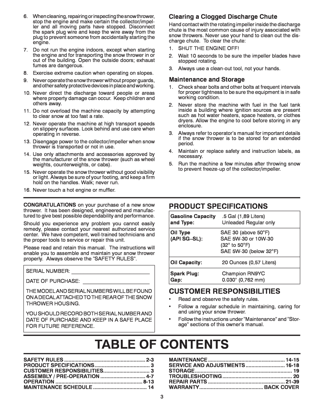 Poulan 429956 Table Of Contents, Product Specifications, Customer Responsibilities, Clearing a Clogged Discharge Chute 