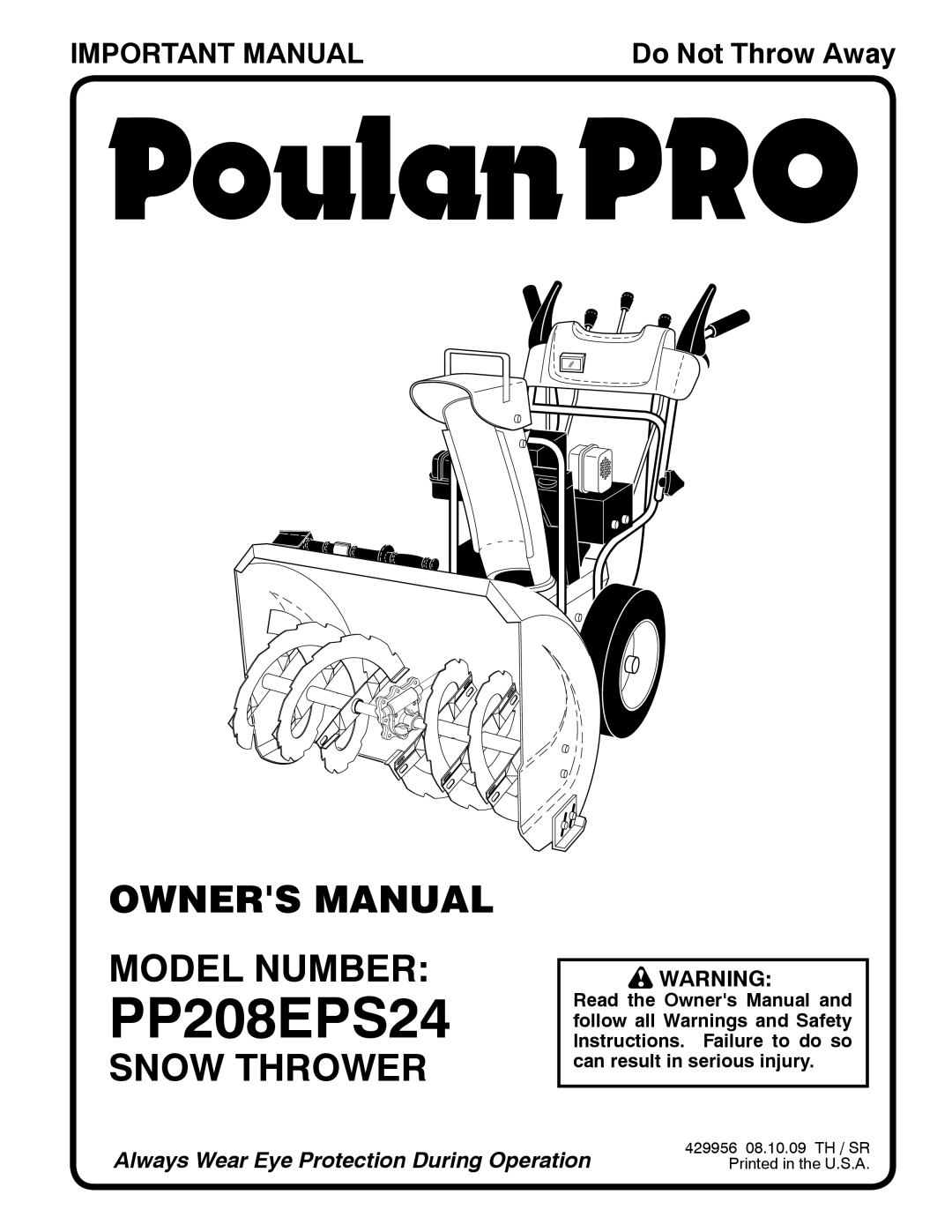 Poulan 96198002701, 429956, PP208EPS24 owner manual Model Number, Snow Thrower 