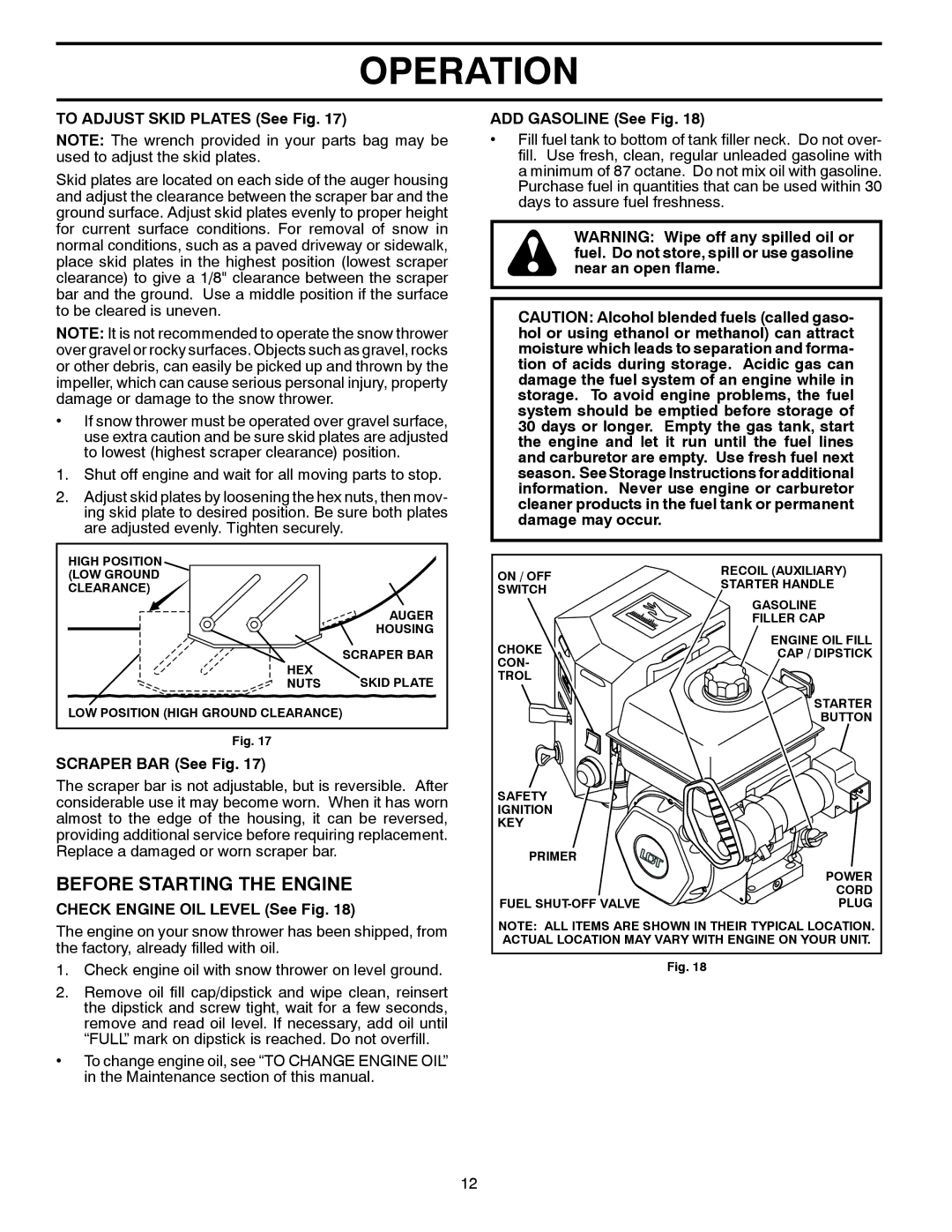 Poulan 429956 Before Starting the Engine, To Adjust Skid Plates See Fig, Scraper BAR See Fig, ADD Gasoline See Fig 