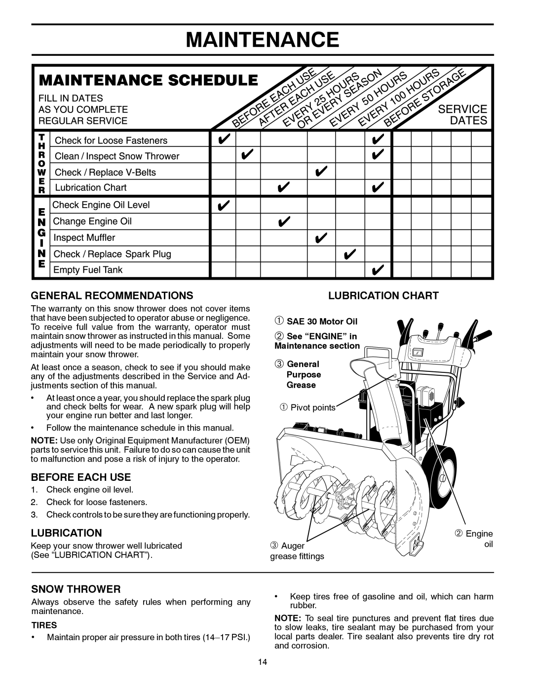 Poulan PP208EPS24, 429956, 96198002701 Maintenance, General Recommendations, Before Each USE, Lubrication, Snow Thrower 