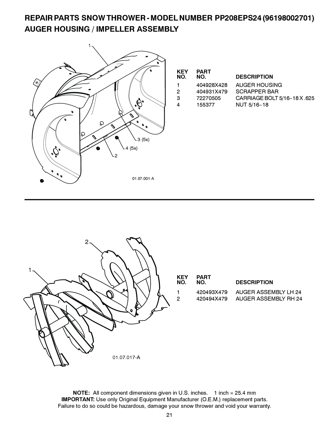 Poulan 429956, 96198002701 KEY Part Description, Auger Housing, Scrapper BAR, Auger Assembly LH, Auger Assembly RH 