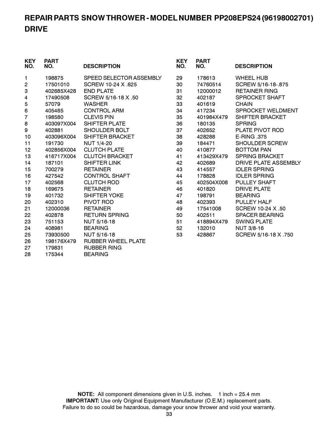 Poulan 429956 Speed Selector Assembly, Wheel HUB, END Plate, Retainer Ring, Sprocket Shaft, Chain, Control ARM, Clevis PIN 