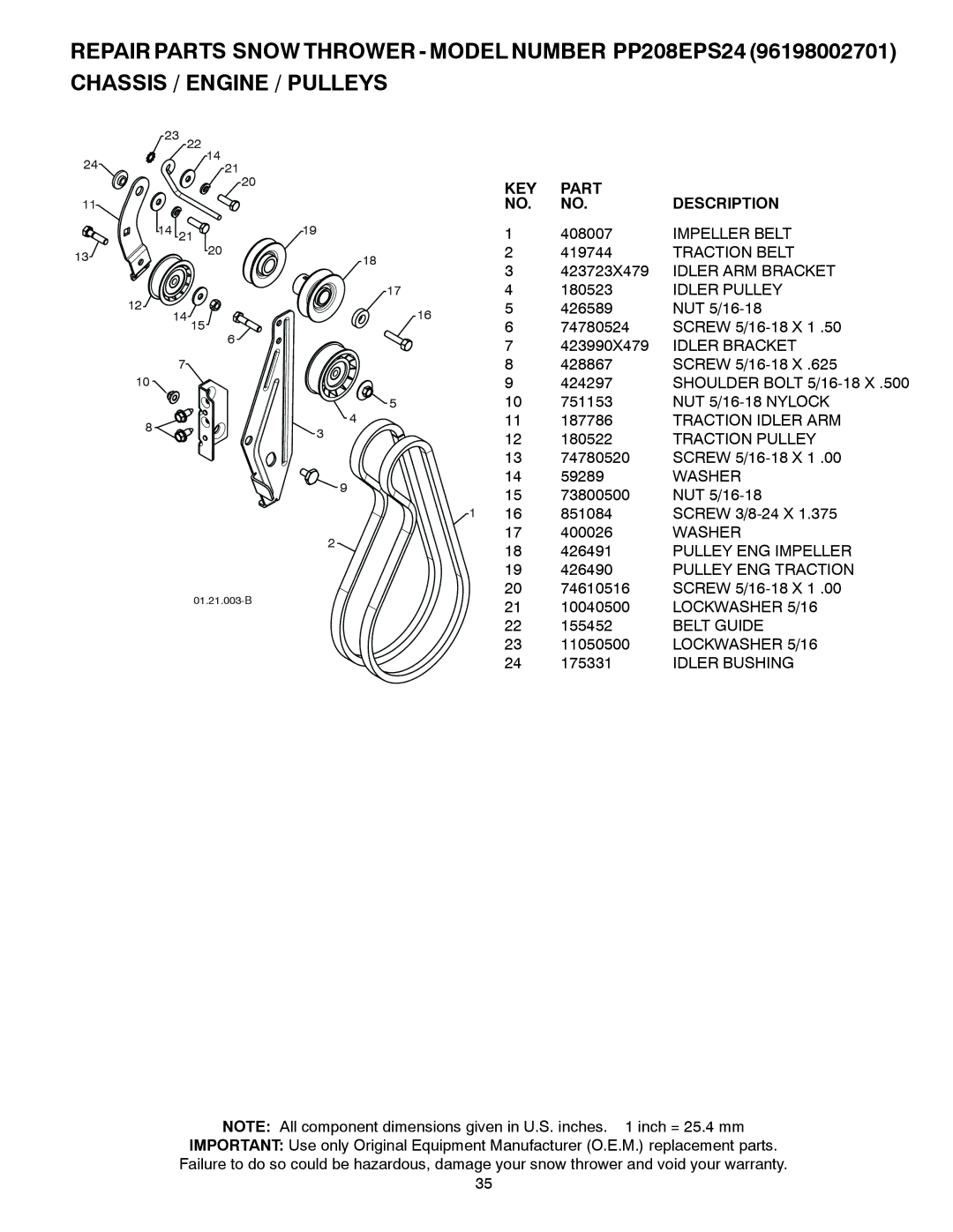 Poulan PP208EPS24, 429956 Impeller Belt, Traction Belt, Idler ARM Bracket, Idler Pulley, Idler Bracket, Traction Idler ARM 