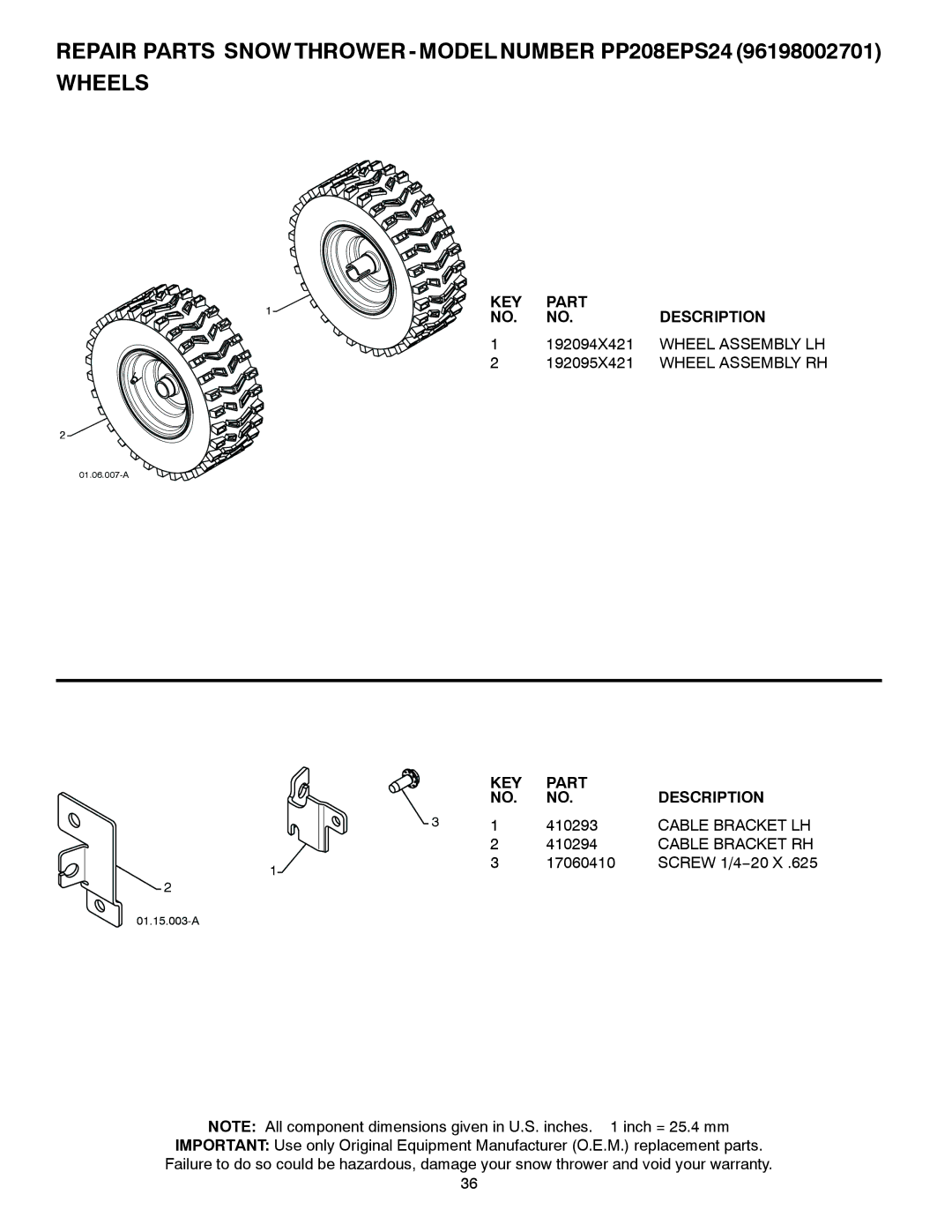 Poulan 429956, 96198002701, PP208EPS24 owner manual Wheel Assembly LH, Wheel Assembly RH, Cable Bracket LH, Cable Bracket RH 