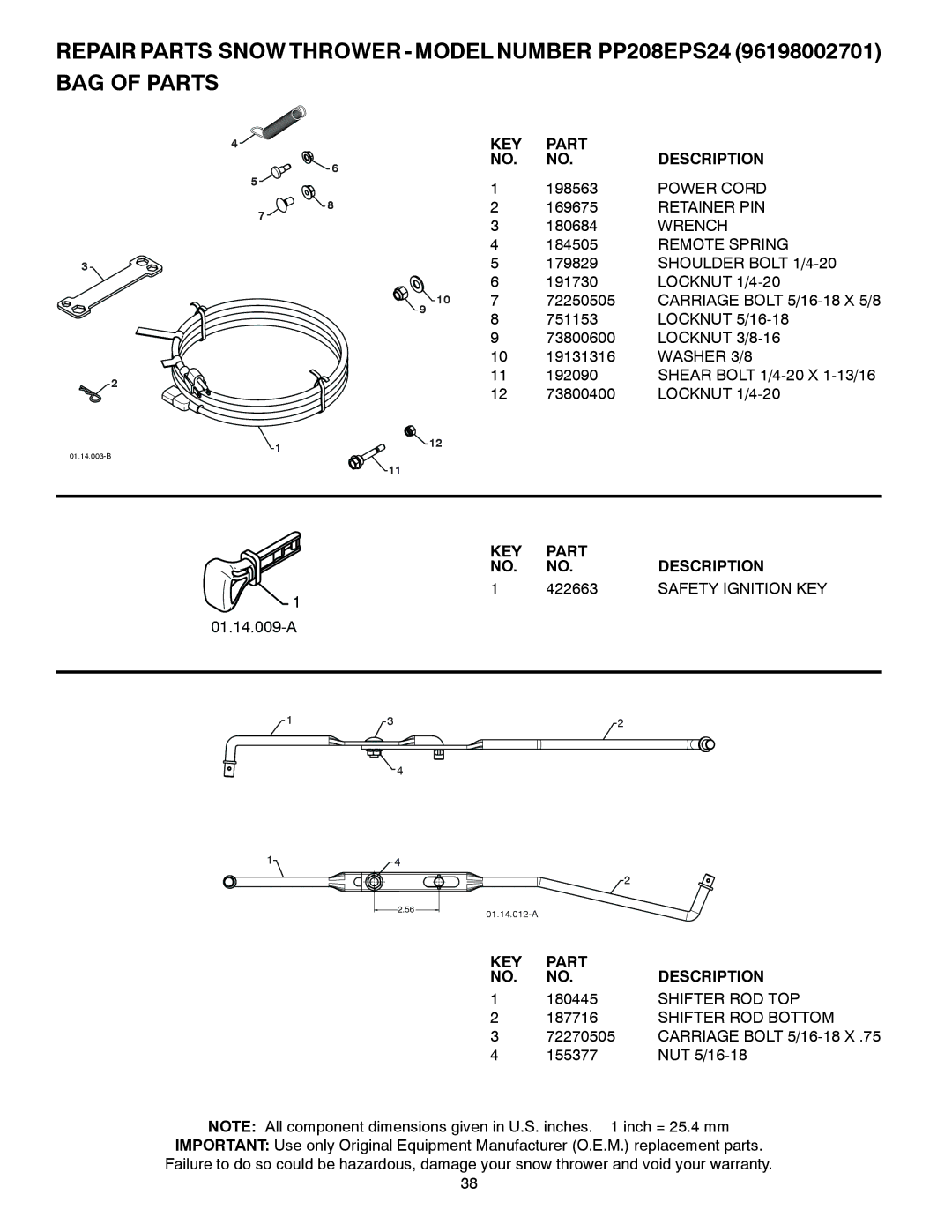 Poulan PP208EPS24, 429956, 96198002701 owner manual 422663, Safety Ignition KEY 