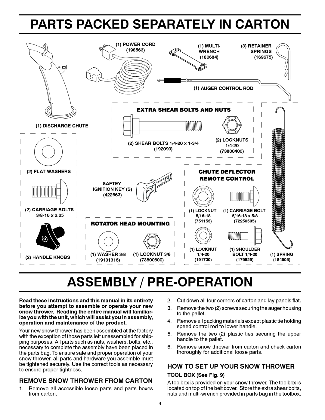 Poulan 96198002701, 429956 Parts Packed Separately in Carton, Assembly / PRE-OPERATION, Remove Snow Thrower from Carton 