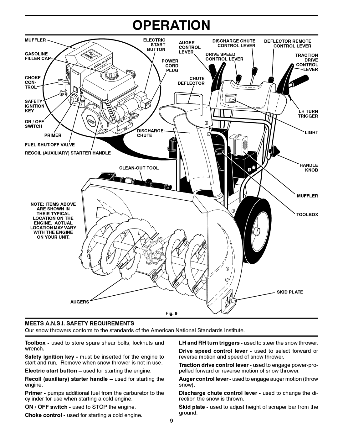 Poulan 429956, PP208EPS24 Meets A.N.S.I. Safety Requirements, Recoil auxiliary starter handle used for starting the engine 