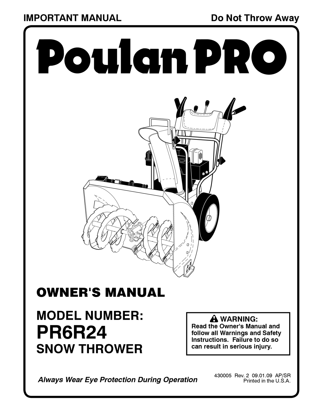 Poulan 96192002801 owner manual Owners Manual Model Number, Snow Thrower, Important Manual, PR6R24, Do Not Throw Away 