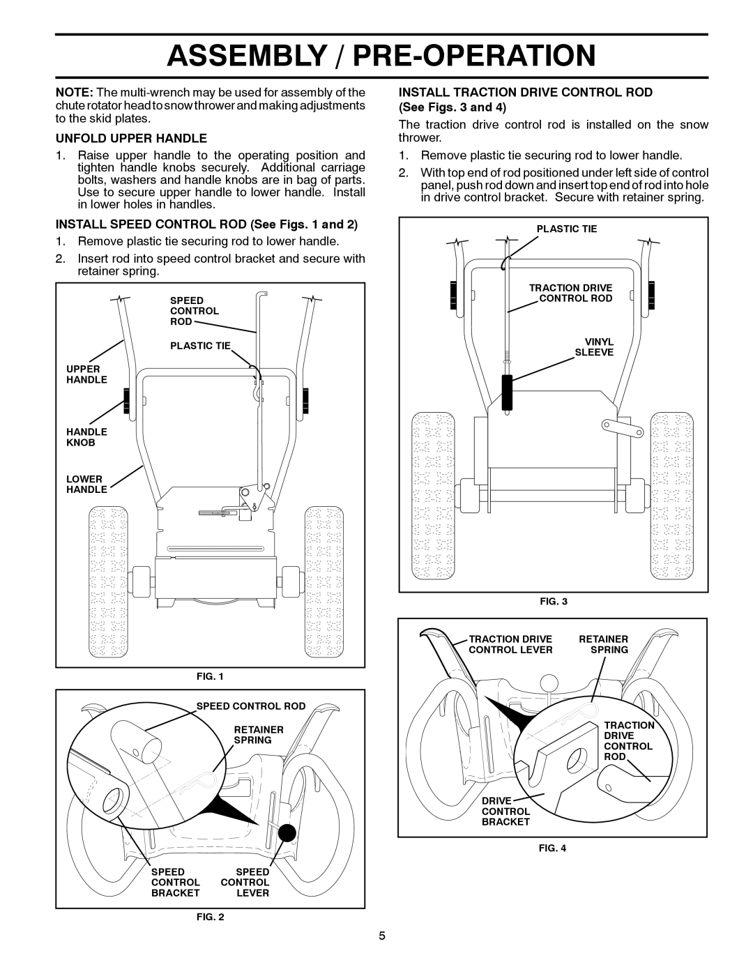 Poulan 96192002801 Assembly / Pre-Operation, Unfold Upper Handle, INSTALL SPEED CONTROL ROD See Figs. 1 and, Plastic Tie 