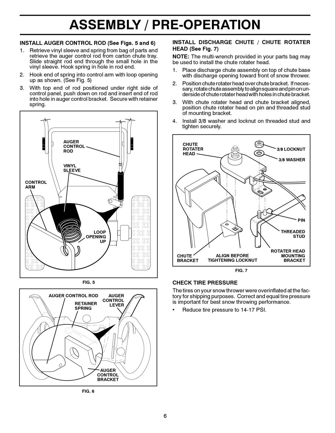 Poulan 430005, 96192002801 Assembly / Pre-Operation, INSTALL AUGER CONTROL ROD See Figs. 5 and, Check Tire Pressure 