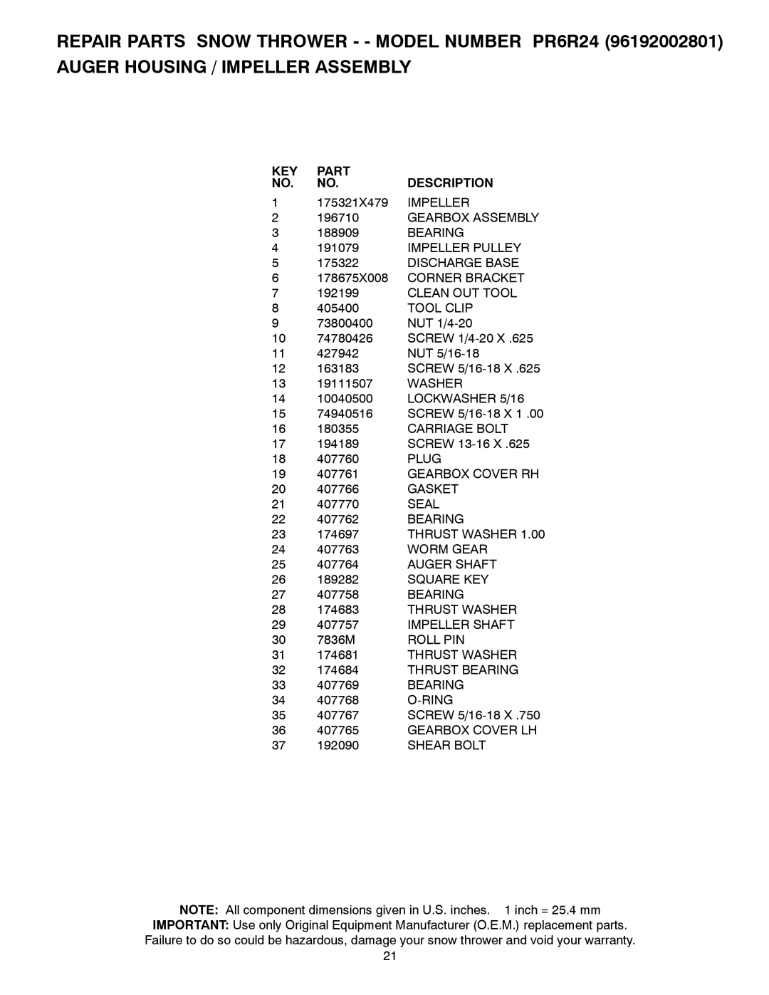 Poulan 96192002801, 430005 owner manual KEY Part Description 