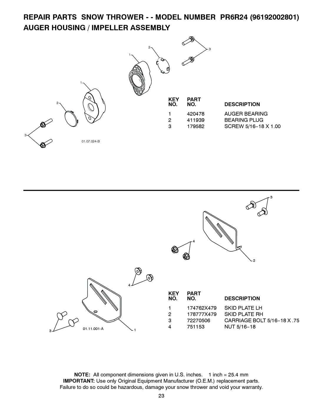 Poulan 96192002801, 430005 owner manual Auger Bearing, Bearing Plug 