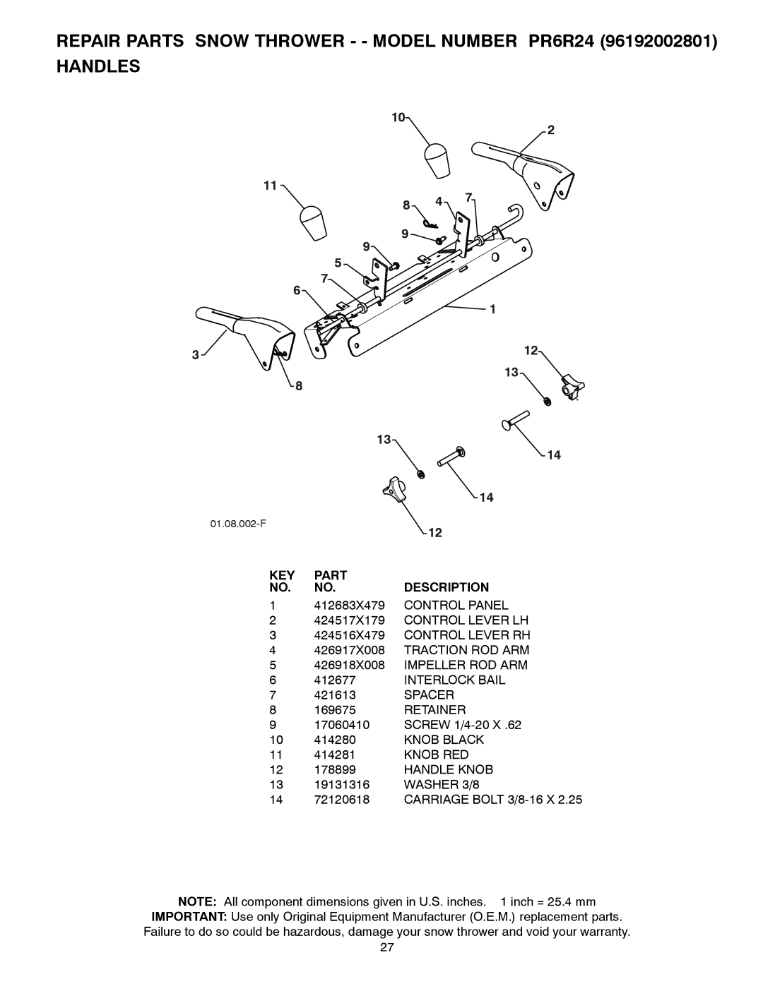 Poulan 96192002801, 430005 owner manual Spacer, Retainer, Knob RED, Handle Knob, Washer 3/8 