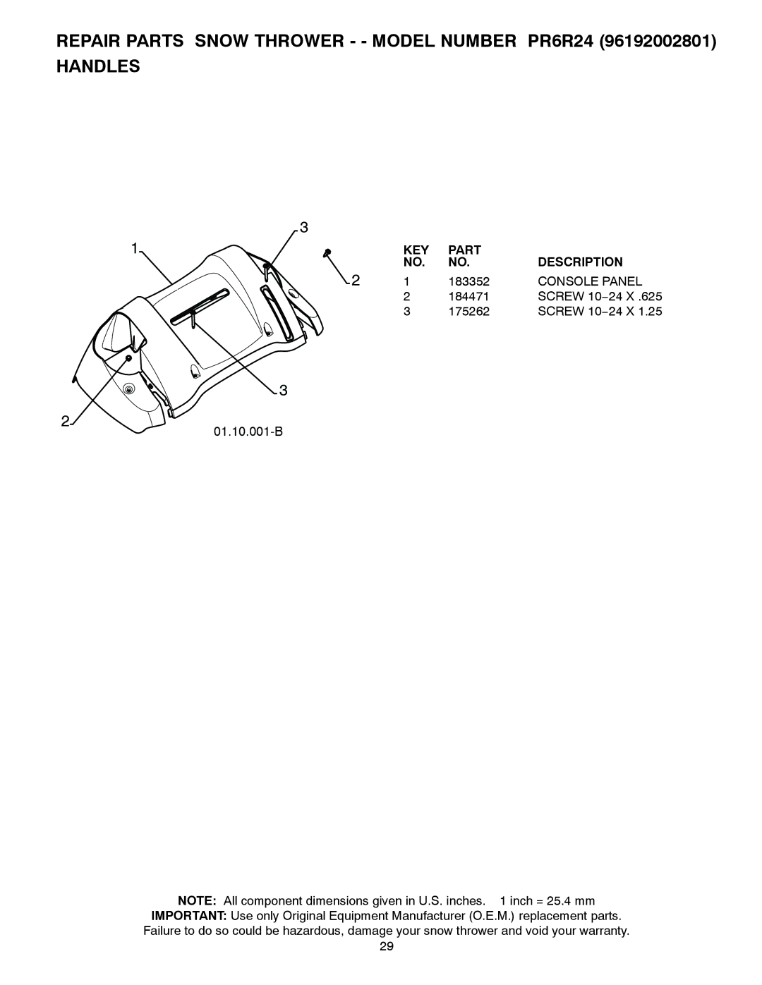 Poulan 96192002801, 430005 owner manual 01.10.001-B, Console Panel 