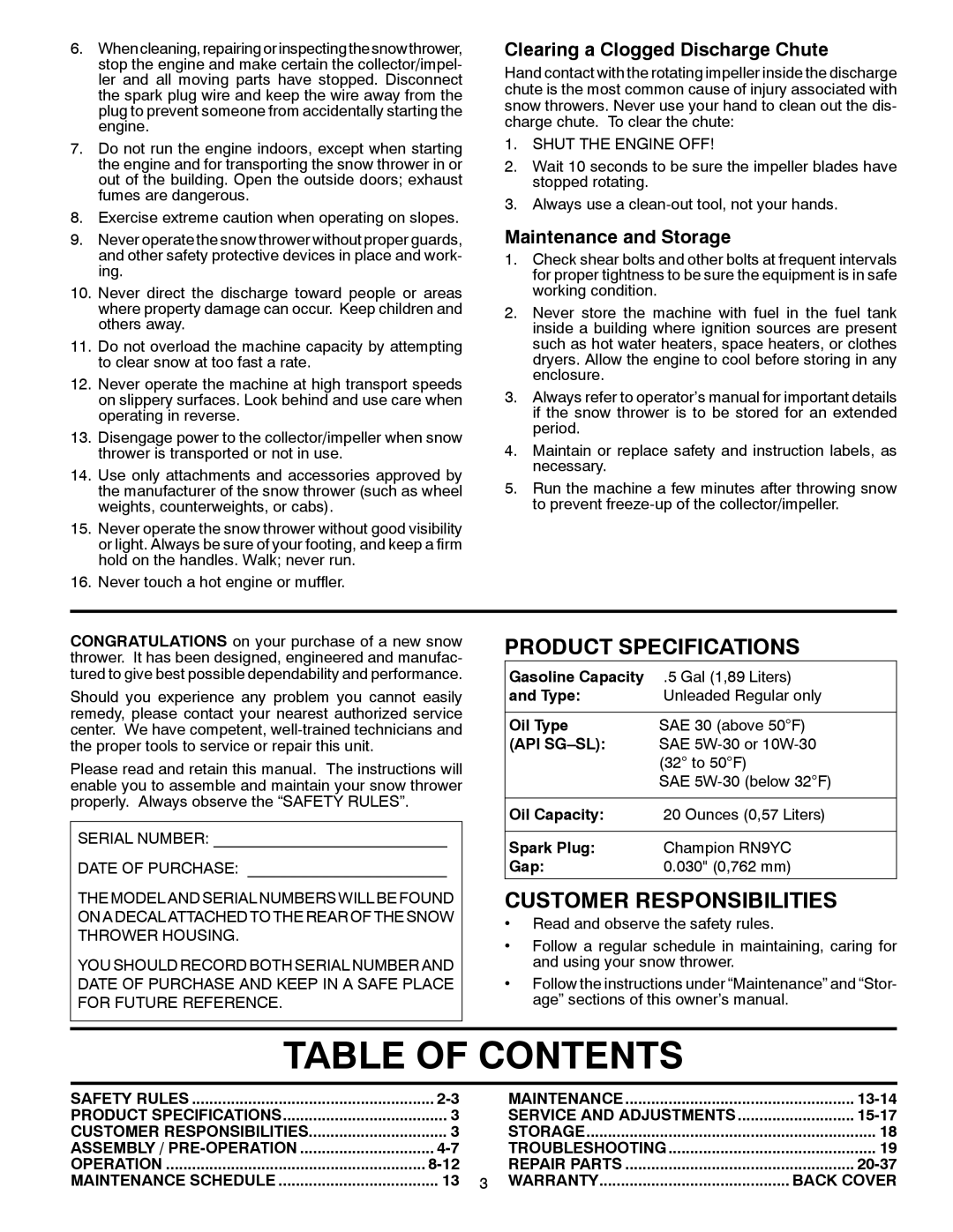 Poulan 96192002801, 430005 owner manual Table of Contents 