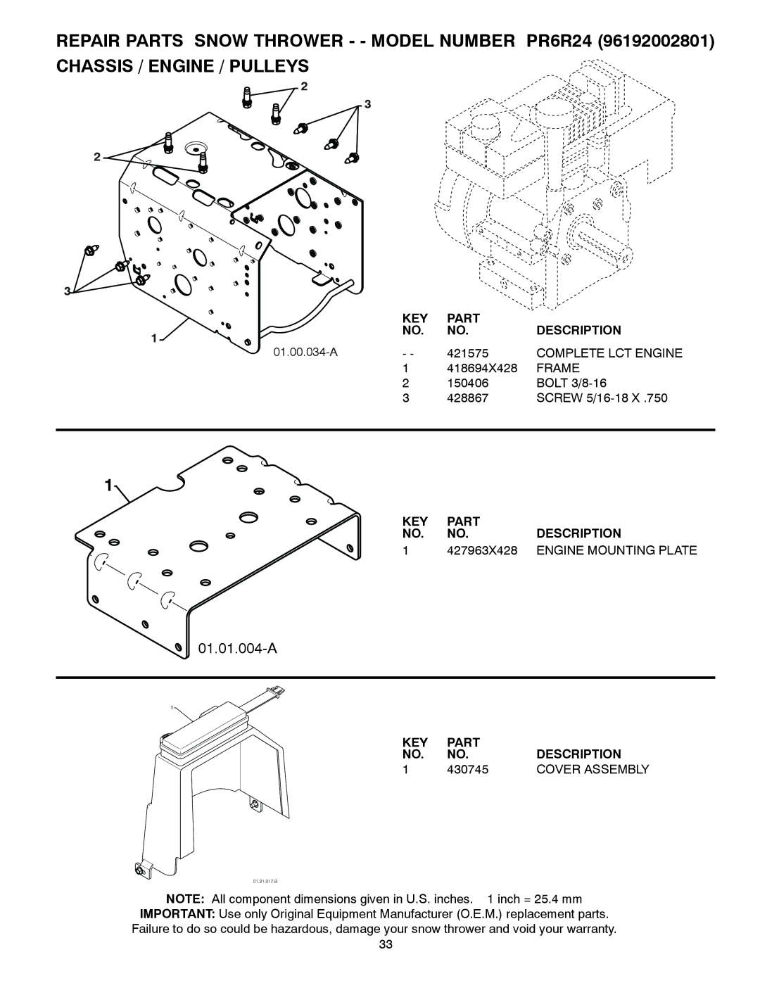 Poulan 96192002801, 430005 owner manual Complete LCT Engine, Frame, 427963X428, Engine Mounting Plate, 430745 