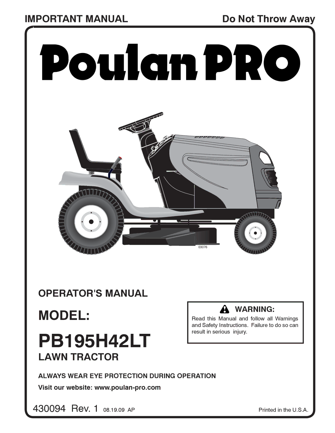 Poulan 96042010700, 430094 manual PB195H42LT, Model 