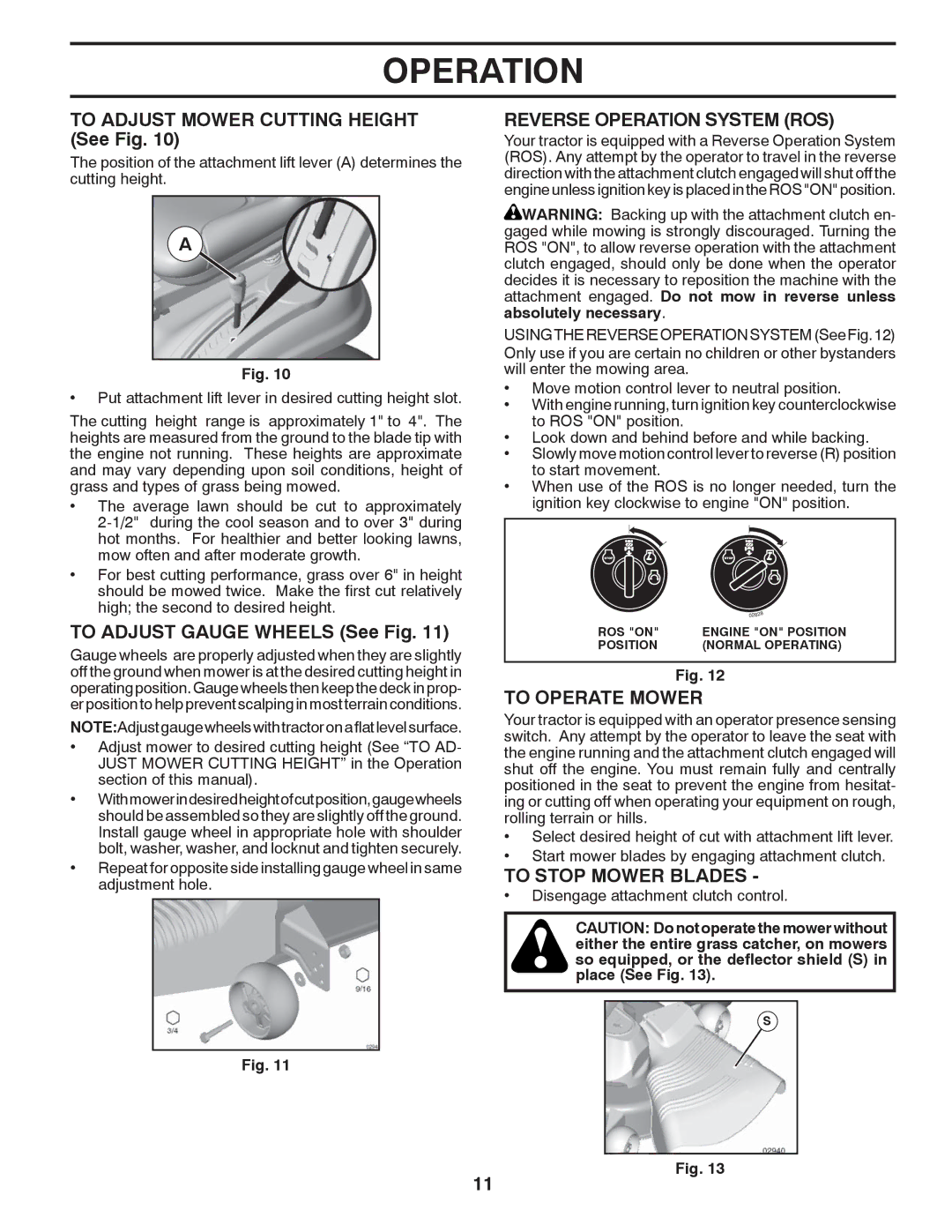 Poulan 96042010700 To Adjust Mower Cutting Height See Fig, To Adjust Gauge Wheels See Fig, Reverse Operation System ROS 