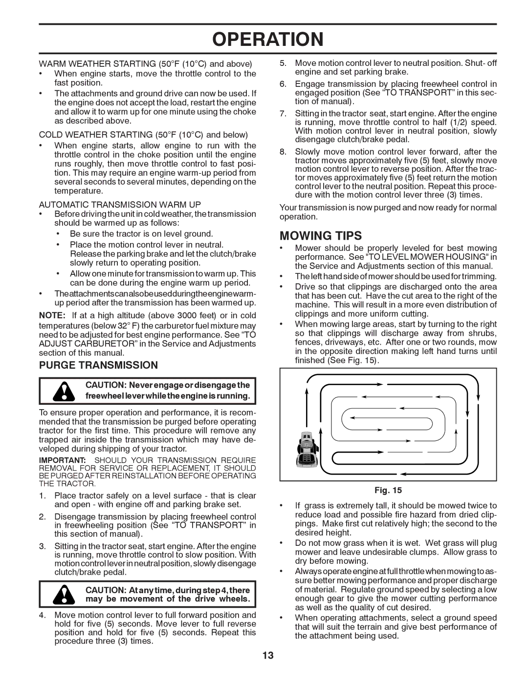 Poulan 96042010700, 430094 manual Mowing Tips, Purge Transmission, Automatic Transmission Warm UP 