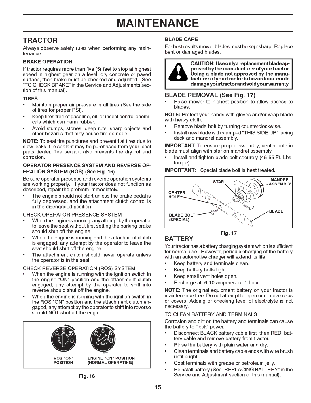 Poulan 96042010700, 430094 manual Tractor, Blade Removal See Fig, Battery 