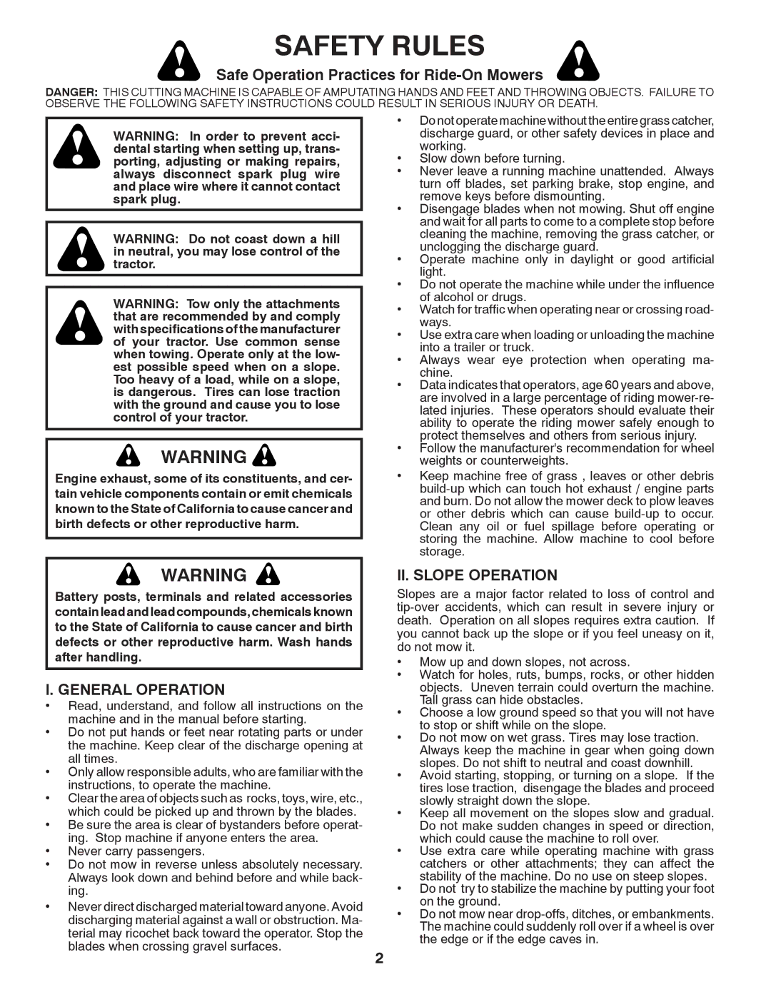 Poulan 430094 manual Safety Rules, Safe Operation Practices for Ride-On Mowers, General Operation, II. Slope Operation 