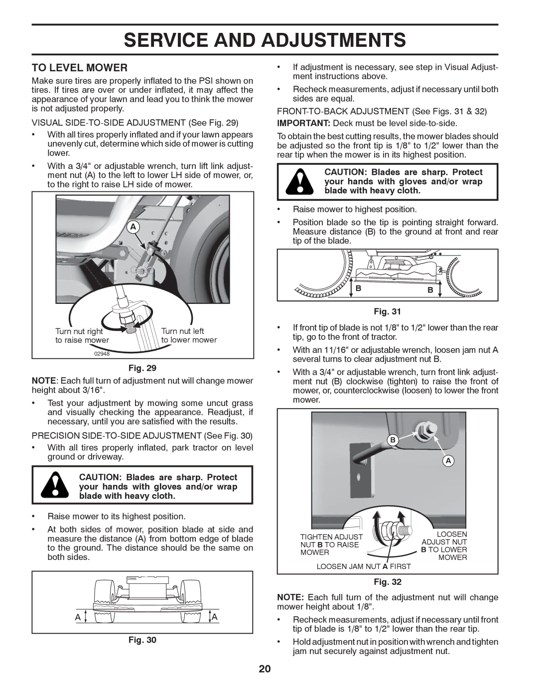 Poulan 430094, 96042010700 manual To Level Mower, Turn nut right Turn nut left To raise mower To lower mower 